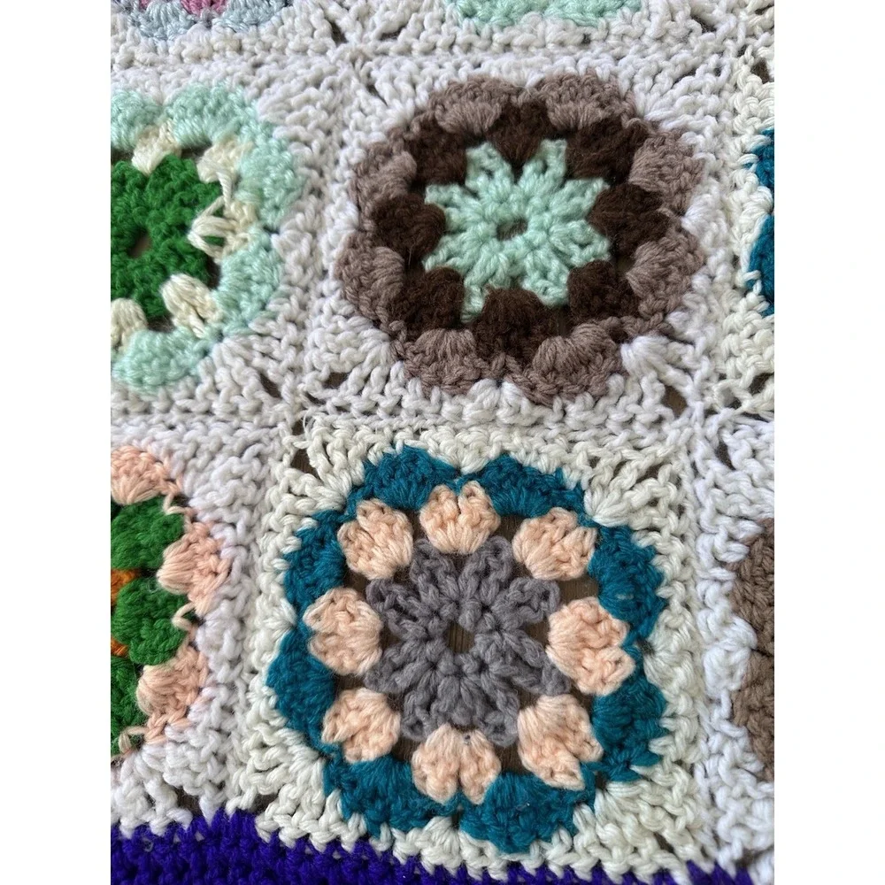 VTG Handmade Granny Square Crochet Afghan Throw Floral Lap Blanket 54x44 Boho